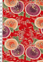 *Japanese - Yuwa - Colorful Mums & Floral Branches - N-1074-B - Red - By the Half Yard
