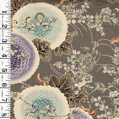 *Japanese - Yuwa - Colorful Mums & Floral Branches - N-1074-D - Gray - By the Half Yard