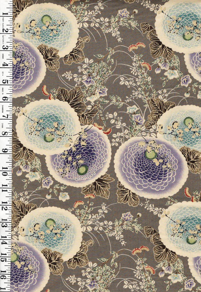 *Japanese - Yuwa - Colorful Mums & Floral Branches - N-1074-D - Gray - By the Half Yard