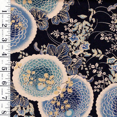 *Japanese - Yuwa - Colorful Mums & Floral Branches - N-1074-E - Indigo - By the Half Yard