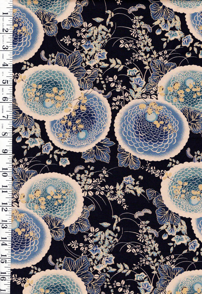 *Japanese - Yuwa - Colorful Mums & Floral Branches - N-1074-E - Indigo - By the Half Yard