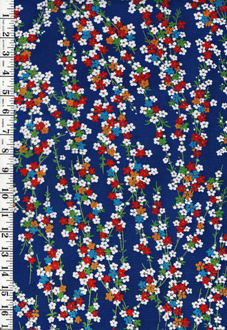 * Japanese Silk - Small Colorful Floral Branches - Blue - 1 2/3 yards - ON SALE