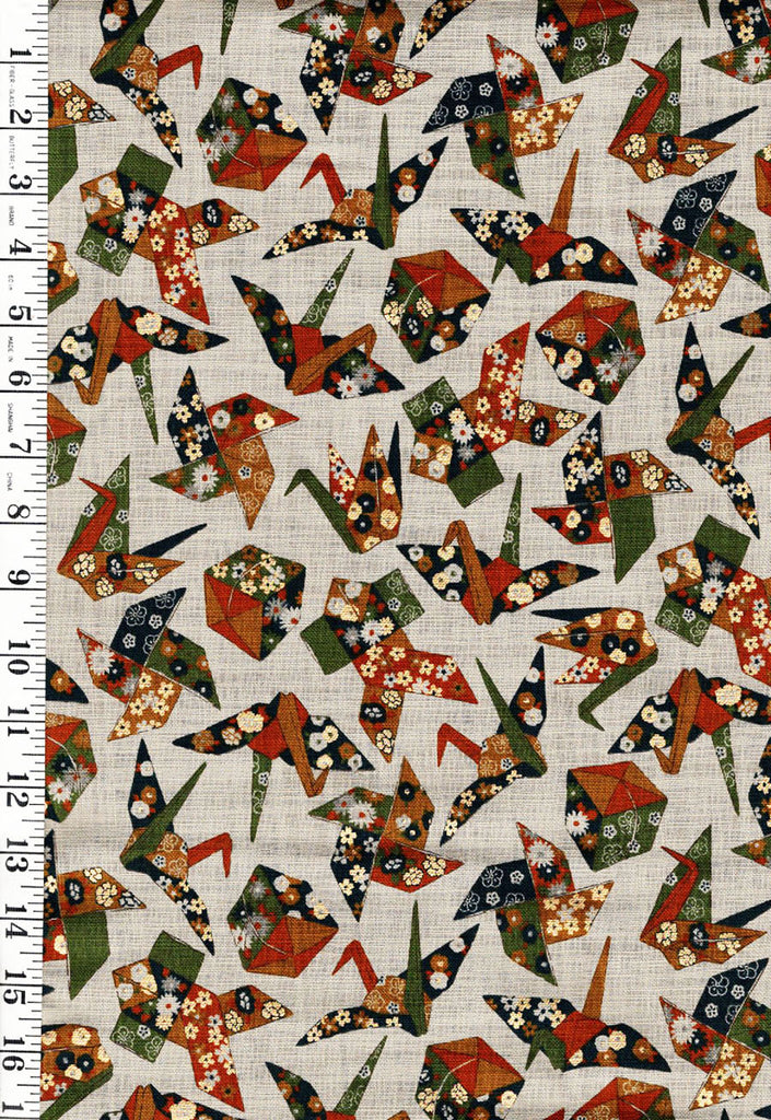 Japanese - Sevenberry Nara Homespun - Ori-Zuru Origami Cranes & Floating Boxes - SB-88501-2-2 - Greenish-Tan - By the Half Yard