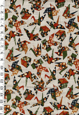 Japanese - Sevenberry Nara Homespun - Ori-Zuru Origami Cranes & Floating Boxes - SB-88501-2-2 - Greenish-Tan - By the Half Yard