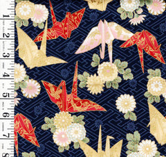 *Quilt Gate - Colorful Origami Cranes & Mums - Gold Metallic - HR3530-12E - Navy - By the Half Yard