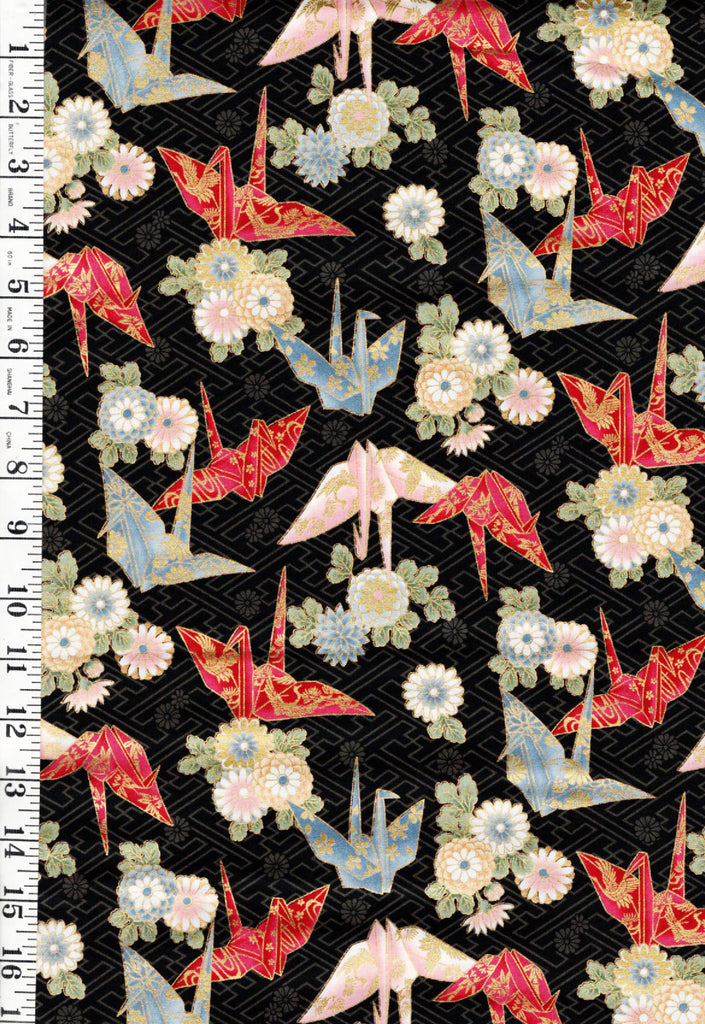 *Quilt Gate - Colorful Origami Cranes & Mums - Gold Metallic - HR3530-12F - Black - By the Half Yard - Last 1 Yard