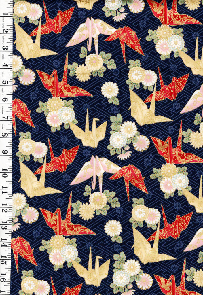 *Quilt Gate - Colorful Origami Cranes & Mums - Gold Metallic - HR3530-12E - Navy - By the Half Yard