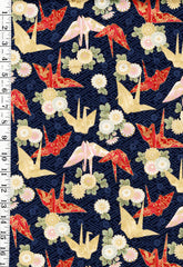 *Quilt Gate - Colorful Origami Cranes & Mums - Gold Metallic - HR3530-12E - Navy - By the Half Yard