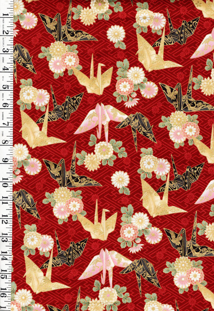 *Quilt Gate - Colorful Origami Cranes & Mums - Gold Metallic - HR3530-12D - Red - By the Half Yard - Last 2 1/2 Yards