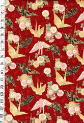 *Quilt Gate - Colorful Origami Cranes & Mums - Gold Metallic - HR3530-12D - Red - By the Half Yard - Last 2 1/2 Yards