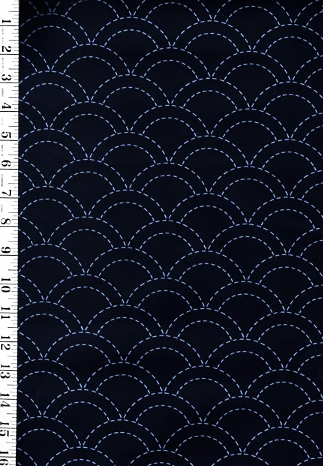 Sashiko Fabric - Pre-printed Sashiko Fabric - Wave Design (Seigaiha) - Dark Navy-Indigo - 103B - By the Half Yard