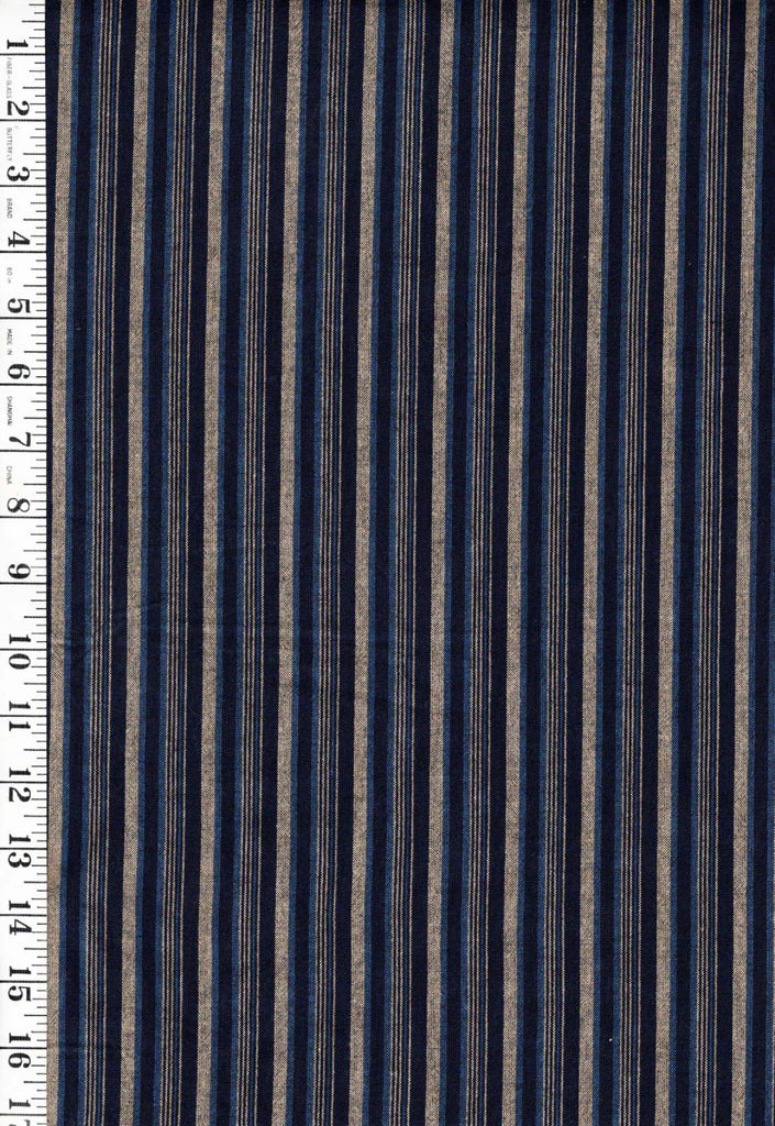 Vintage Woven Stripe - Japanese cotton fabric - Skinny Stripes - Indigo, Tan, Blue - By the Half Yard
