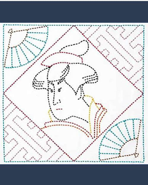 Sashiko Pre-printed Sampler (Olympus) - # 2084 Ukiyo-e Beauty - Navy - ON SALE - SAVE 30%