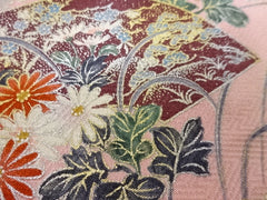 411 - Japanese Silk - Fans & Floral Clusters - Pink with Gold Metallic Accents