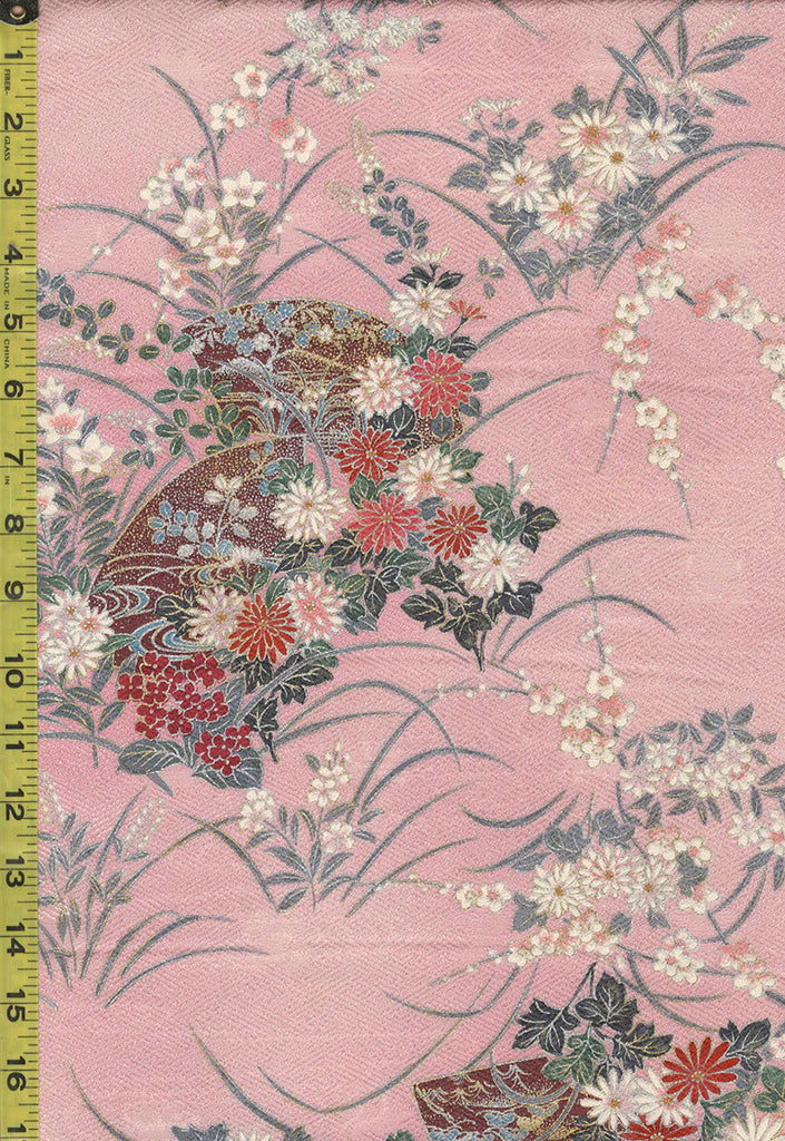 411 - Japanese Silk - Fans & Floral Clusters - Pink with Gold Metallic Accents