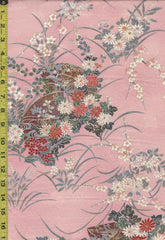 411 - Japanese Silk - Fans & Floral Clusters - Pink with Gold Metallic Accents