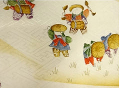 402 - Japanese Silk - Small Children Playing - Key Maze Background - Cream