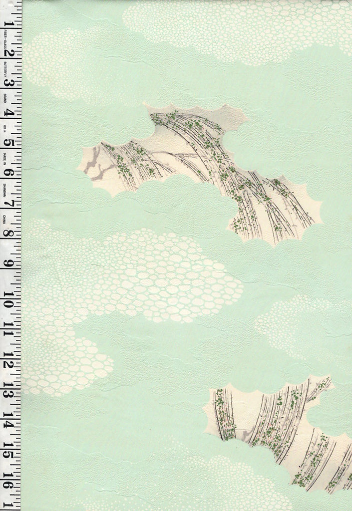 403 - Japanese Silk - Clouds, Leafy Branches & Pebbles - Soft Mint Green