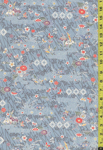416 - Japanese Silk - Floral Hillside, Iris & River Swirls & Tiny Butterflies - Light Blue