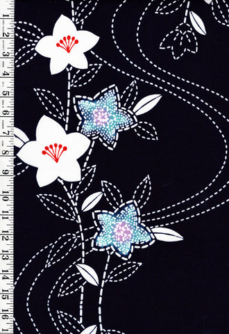 Yukata Fabric - 536 - Colorful Flowers with Sashiko-like Branches & River Swirls - Indigo