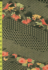 412 - Japanese Silk - Cranes, Peonies, Wickerwork & Waves - Dark Olive