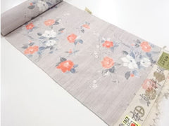 435 - Japanese Silk - Camelias & Floral Branches - Handwoven - Light Beige
