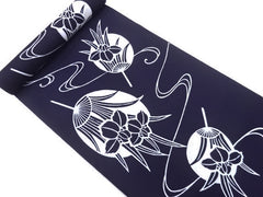 Yukata Fabric - 614 - Uchiwa (Round Fan) with Iris - Dark Navy - By the Half Yard