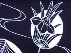 Yukata Fabric - 614 - Uchiwa (Round Fan) with Iris - Dark Navy - By the Half Yard