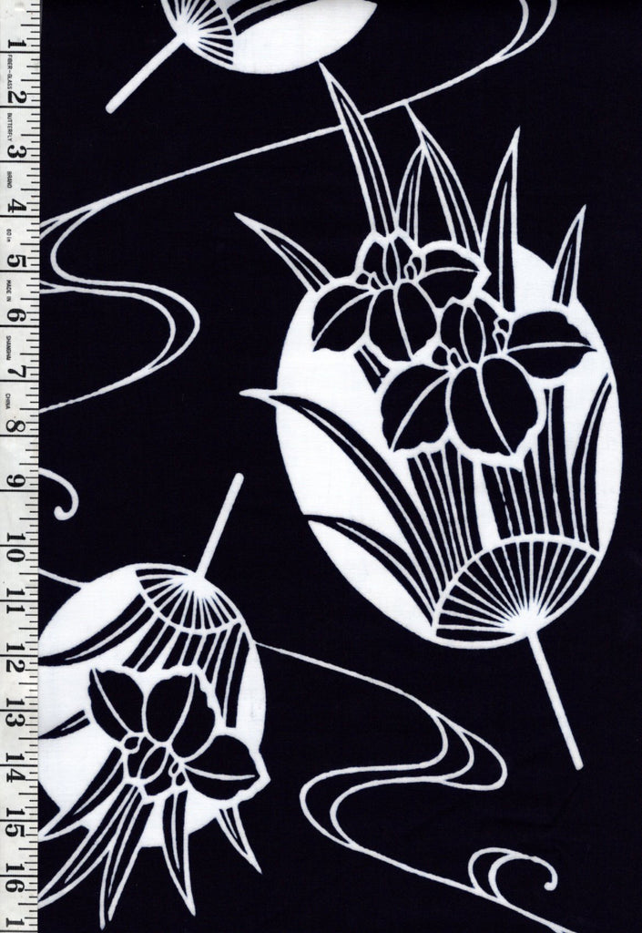 Yukata Fabric - 614 - Uchiwa (Round Fan) with Iris - Dark Navy - By the Half Yard