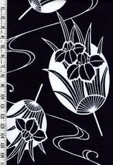 Yukata Fabric - 614 - Uchiwa (Round Fan) with Iris - Dark Navy - By the Half Yard
