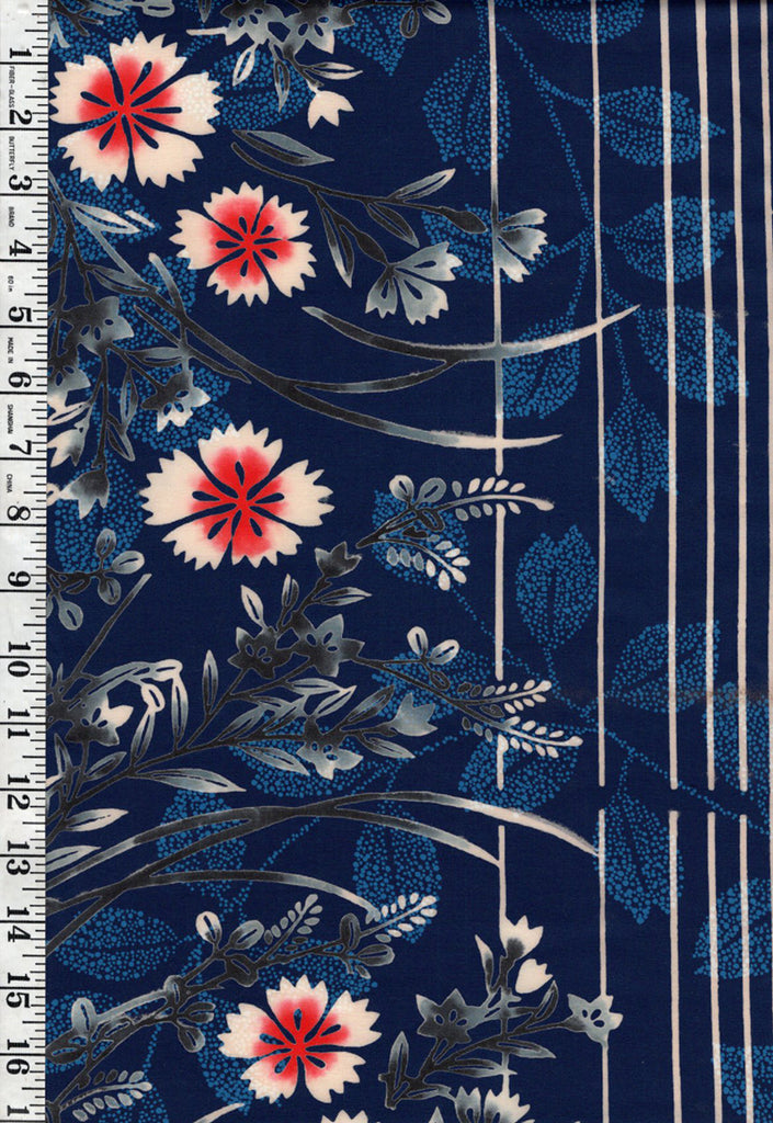 Yukata Fabric - 619 - Autumn Leaves & Flowers - Blue - By the Half Yard