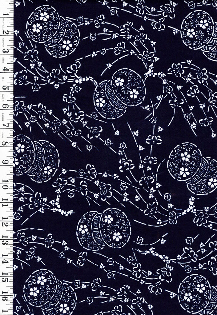 Yukata Fabric - 681 - Flower Drums & Cherry Blossoms - Indigo