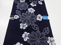 Yukata Fabric - 701 - Floating Flowers with Dotted Petals & Shibori-Like Flowers - Indigo