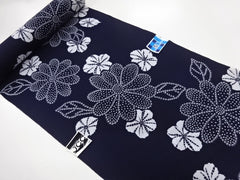 Yukata Fabric - 701 - Floating Flowers with Dotted Petals & Shibori-Like Flowers - Indigo