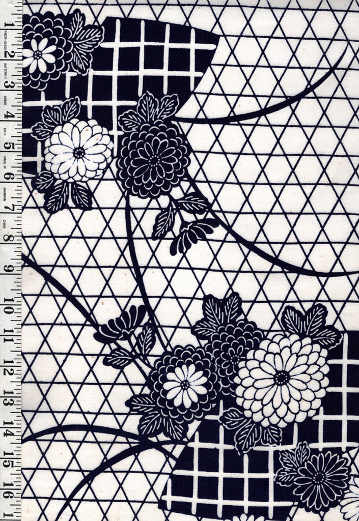 Yukata Fabric - 737 - Floating Mums on Basketweave - Indigo & White