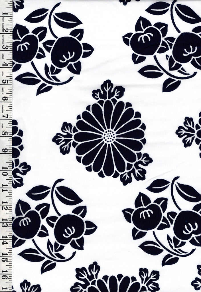 Yukata Fabric - 748 - Floating Daisies & Persimmons - Indigo & White