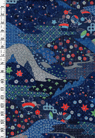 594 - Japanese Combined Weave - Fans & Blossoms Hillside - Dark Blue