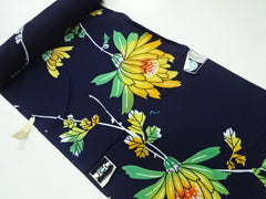Yukata Fabric - 828 - Bright Orange, Yellow & Green Flowers - Dark Navy-Indigo