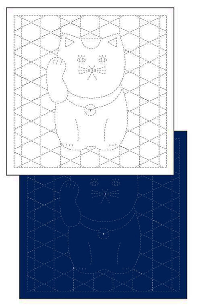 Sashiko Pre-printed Sampler - Daruma Maneko Neko - # 1254 - Navy