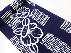 Yukata Fabric - 849 - Large Camelias & Rectangle Mats - Indigo