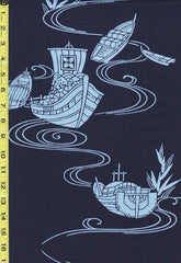 Yukata Fabric - 851 - Treasure Boats & Water Swirls - Navy