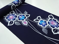 Yukata Fabric - 856 - Colorful Camellias & Tiny White Dots - Dark Navy