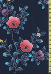 Yukata Fabric - 859 - Colorful Camelias & Blue Leafy Branches - Navy