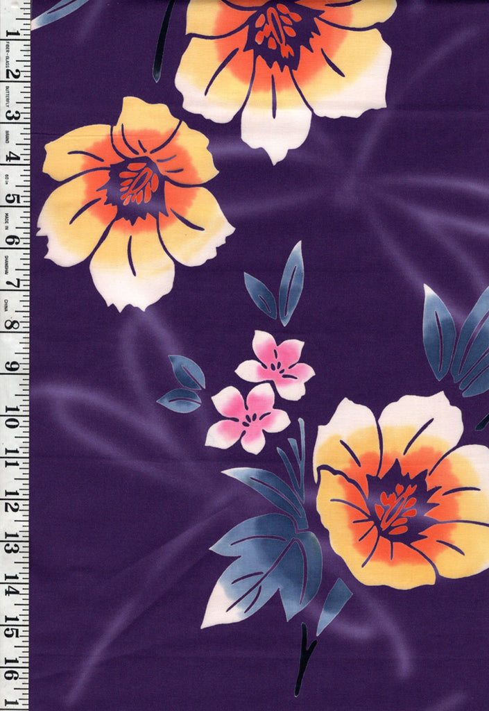 0870 - Yukata Fabric - Pretty Orange & Yellow Flowers - Purple - Last 2 5/8 Yards
