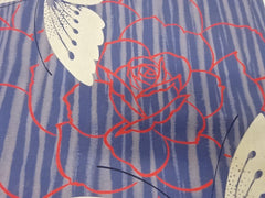 Yukata Fabric - 624 - Butterflies and Red Roses - Gray Stripe - By the Half Yard