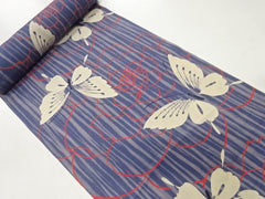 Yukata Fabric - 624 - Butterflies and Red Roses - Gray Stripe - By the Half Yard