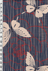 Yukata Fabric - 624 - Butterflies and Red Roses - Gray Stripe - By the Half Yard
