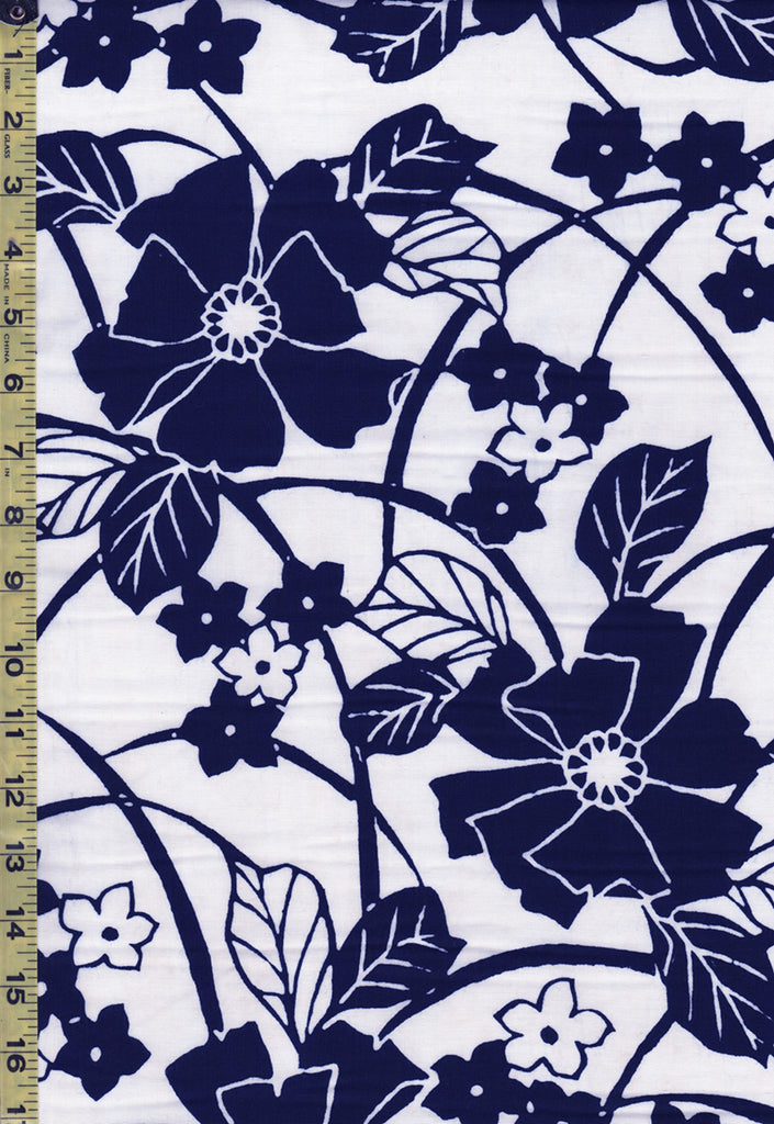 Yukata Fabric - 829 - Large Navy Flower & Blossoms - White