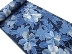 597 - Japanese Combined Weave - Woven Flower & Leaves - Blue - By the Half Yard