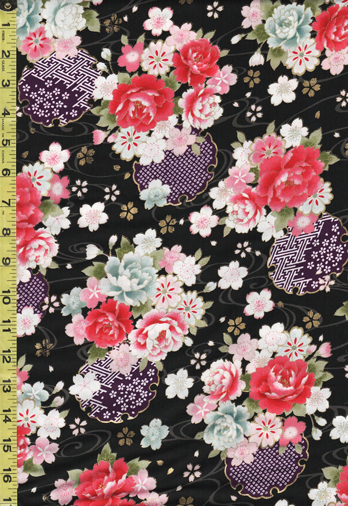 Japanese - Cosmo Peonies, Medallions & Floating Cherry Blossoms - AP02705-2E - Black - By the Half Yard